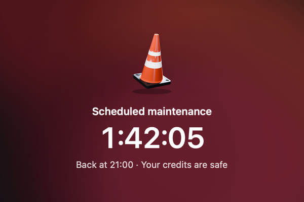 A red maintenance card with a traffic cone and a countdown reading 1:42:05